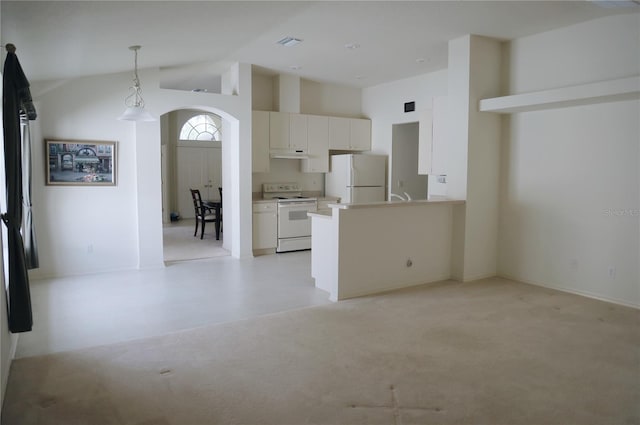 kitchen featuring high vaulted ceiling, white appliances, kitchen peninsula, and white cabinetry