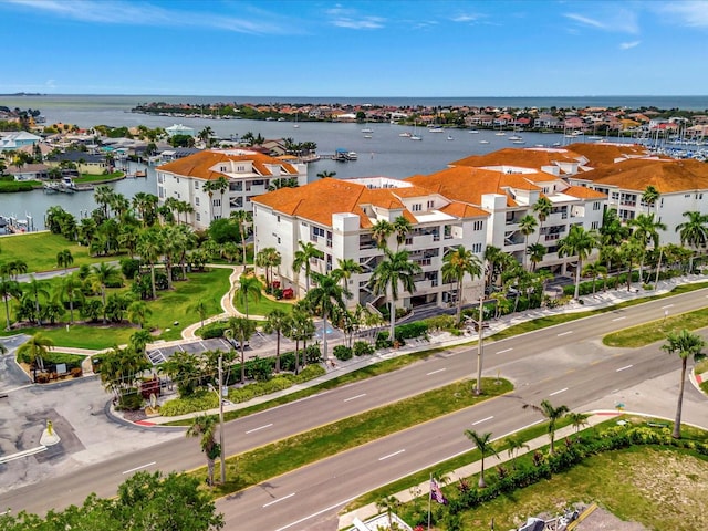 drone / aerial view featuring a water view