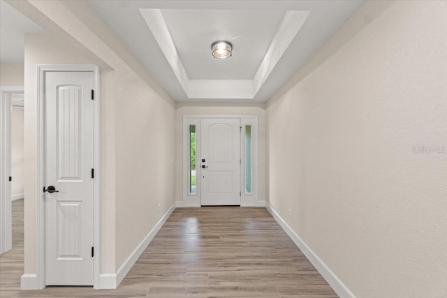 entryway with a raised ceiling and light hardwood / wood-style floors