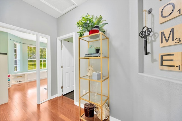 hallway with hardwood / wood-style floors