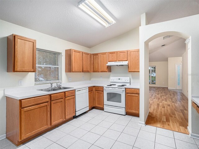 kitchen featuring light wood-type flooring, white appliances, plenty of natural light, sink, and lofted ceiling