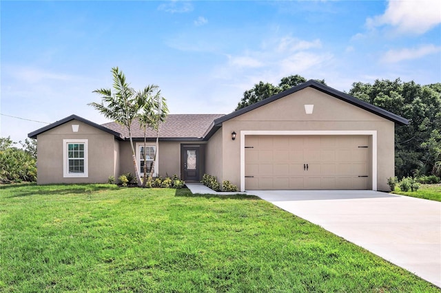 ranch-style house with a front lawn and a garage