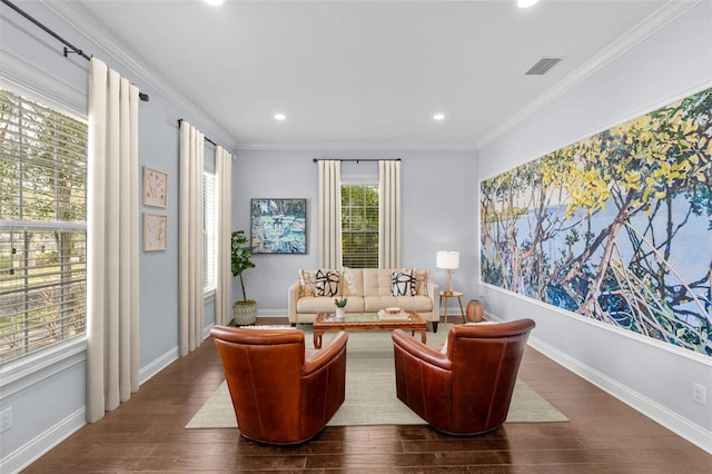 living room with ornamental molding and dark wood-type flooring