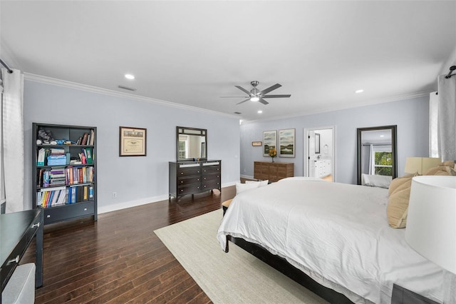 bedroom with ceiling fan, dark hardwood / wood-style flooring, and ornamental molding