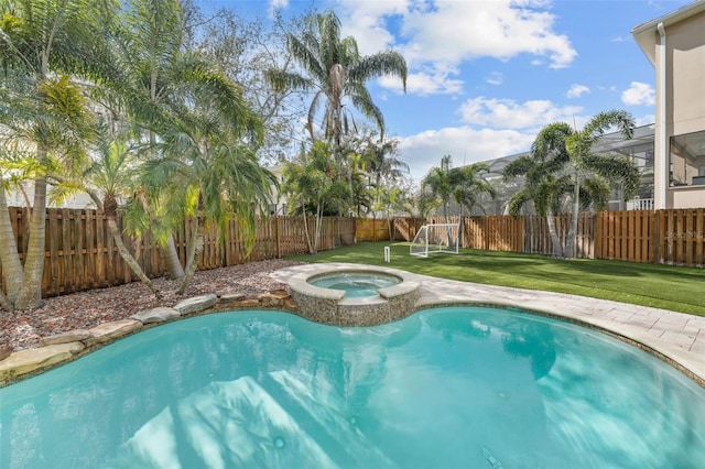 view of swimming pool featuring an in ground hot tub and a yard