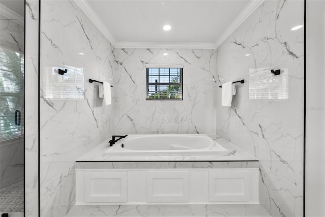 bathroom with separate shower and tub, crown molding, and tile walls