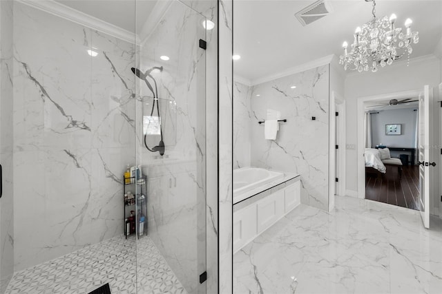 bathroom featuring ornamental molding, plus walk in shower, and a chandelier