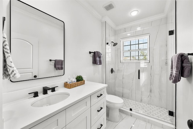 bathroom featuring vanity, toilet, an enclosed shower, and ornamental molding