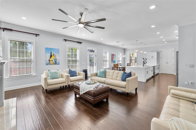 living room featuring dark hardwood / wood-style flooring, ceiling fan, ornamental molding, and sink