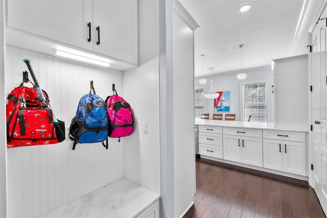 mudroom with crown molding and dark hardwood / wood-style flooring