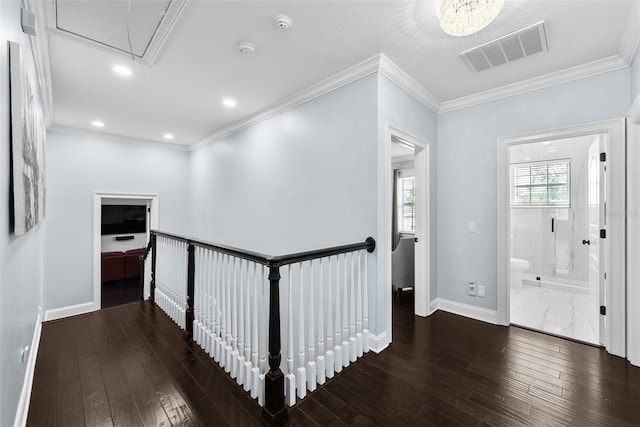 corridor with dark hardwood / wood-style flooring, an inviting chandelier, and ornamental molding