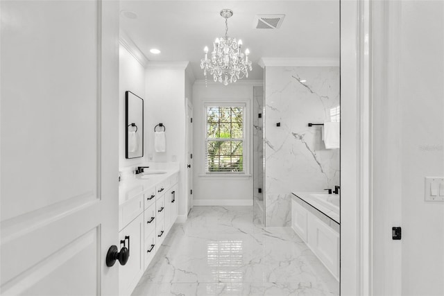 bathroom with a chandelier, a tile shower, vanity, and crown molding