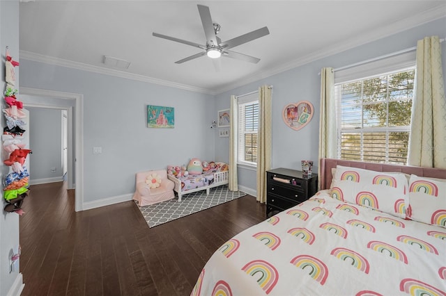 bedroom with ceiling fan, dark wood-type flooring, and ornamental molding