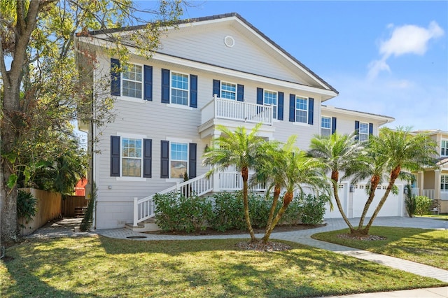 view of front of house featuring driveway, a balcony, a front lawn, and fence