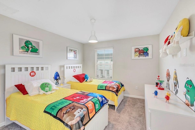 bedroom with light colored carpet