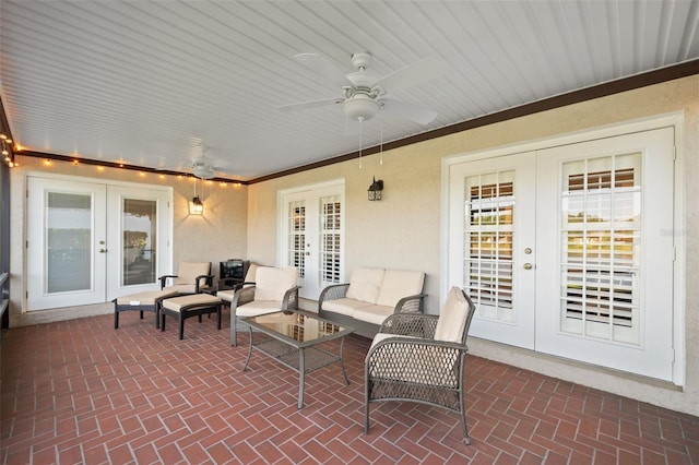 view of patio with french doors, ceiling fan, and an outdoor hangout area