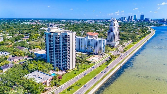 drone / aerial view with a water view