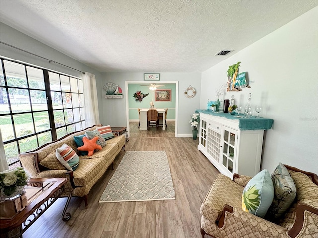 living room with a textured ceiling and light hardwood / wood-style flooring