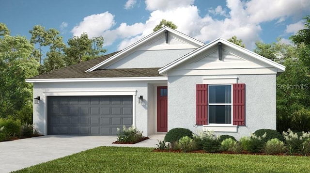 view of front of property with a front lawn and a garage