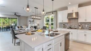 kitchen with white cabinets, plenty of natural light, a center island with sink, and wall chimney range hood