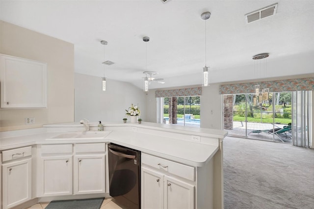 kitchen featuring light carpet, sink, black dishwasher, white cabinetry, and hanging light fixtures