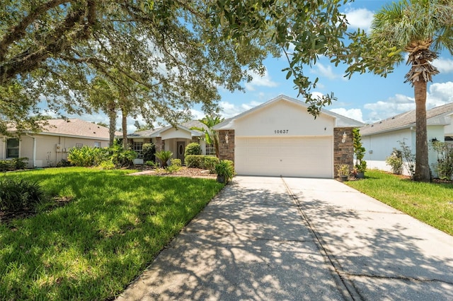 single story home with a front lawn and a garage