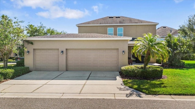 view of front of home featuring a front yard and a garage