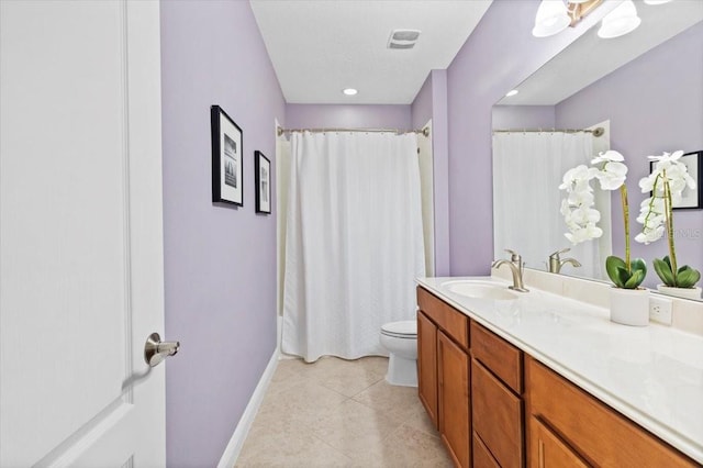 bathroom featuring toilet, tile patterned flooring, a shower with curtain, and vanity