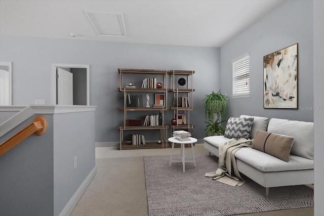 sitting room with light colored carpet