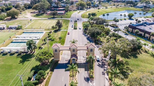 drone / aerial view with a water view