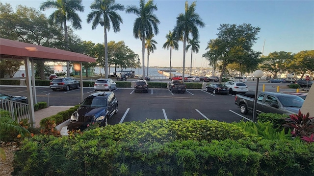 parking at dusk with a water view