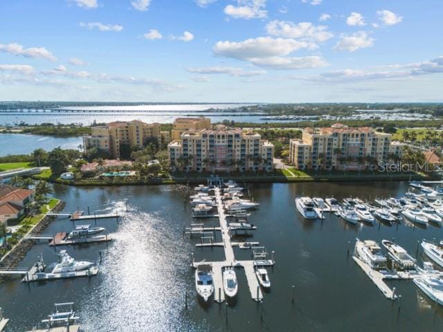 drone / aerial view with a water view