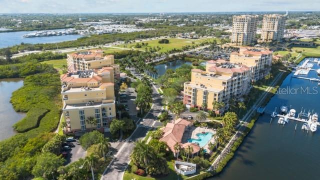 drone / aerial view with a water view