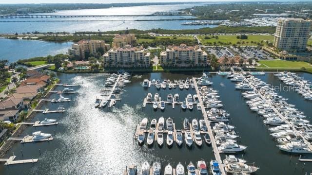 drone / aerial view featuring a water view