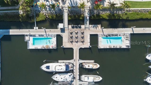 aerial view featuring a water view