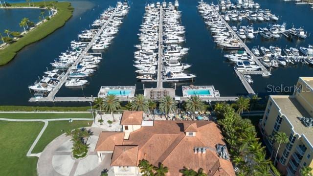 drone / aerial view featuring a water view