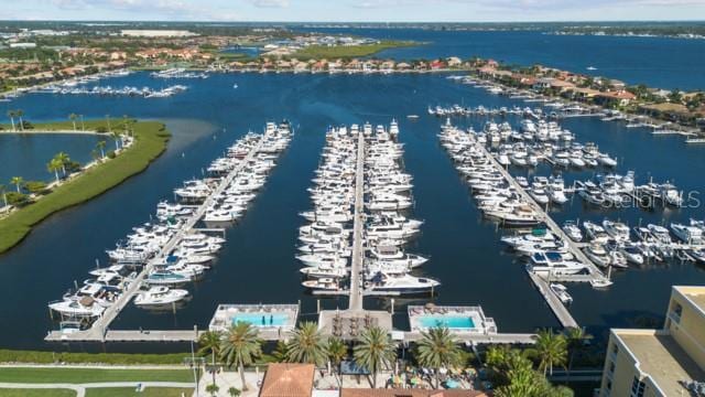 aerial view featuring a water view