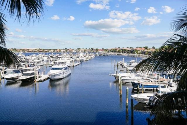 dock area featuring a water view