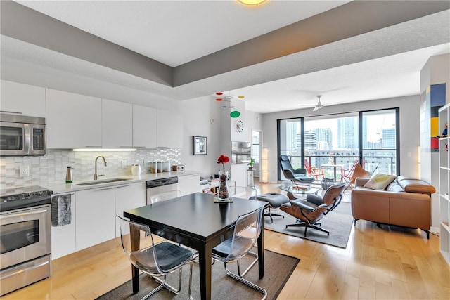 kitchen featuring sink, ceiling fan, tasteful backsplash, white cabinetry, and stainless steel appliances