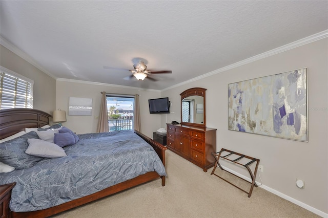 bedroom with crown molding, ceiling fan, a textured ceiling, access to outside, and light colored carpet