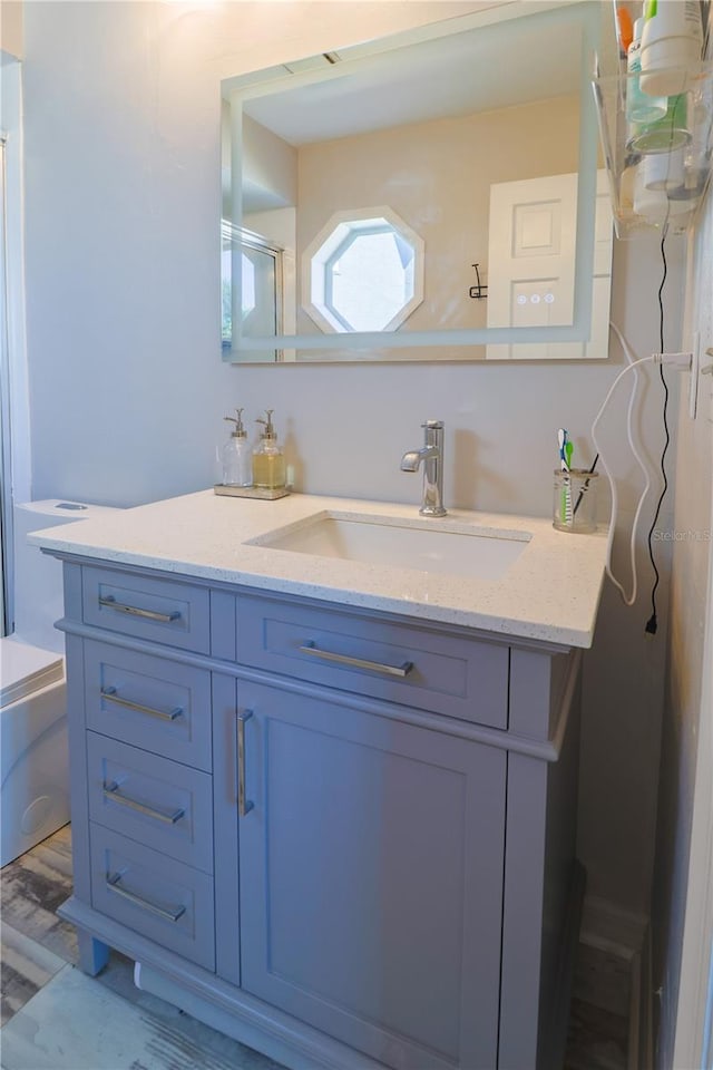 bathroom featuring wood-type flooring and large vanity