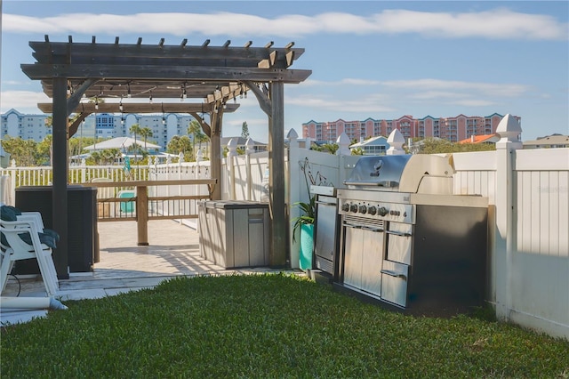 view of yard with a patio area, a pergola, and an outdoor kitchen