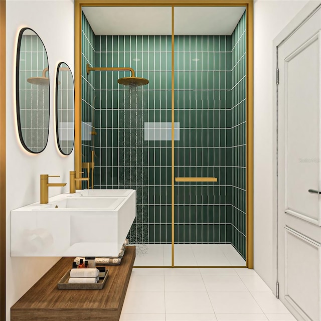 bathroom featuring tiled shower and tile floors