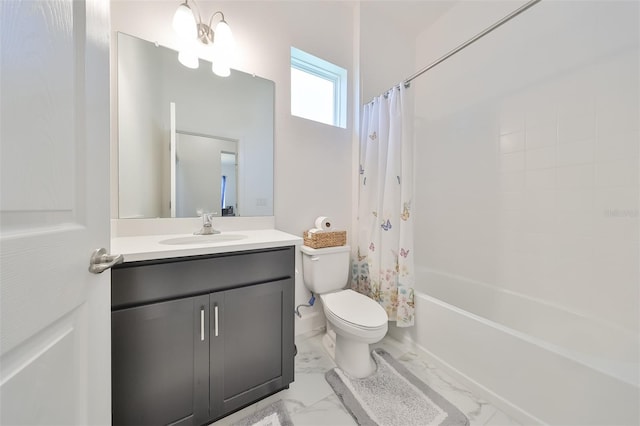 full bathroom with toilet, vanity, and shower / tub combo