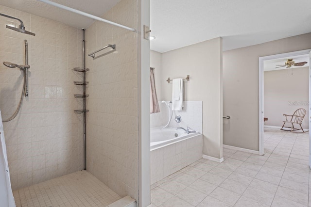 bathroom with ceiling fan, tile patterned flooring, and independent shower and bath