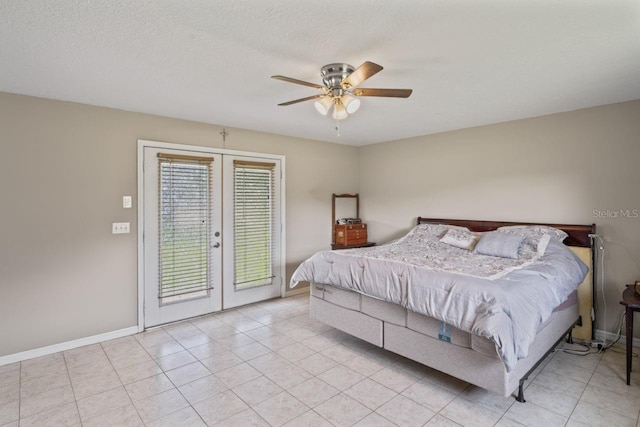 bedroom featuring ceiling fan, access to exterior, light tile patterned floors, and french doors