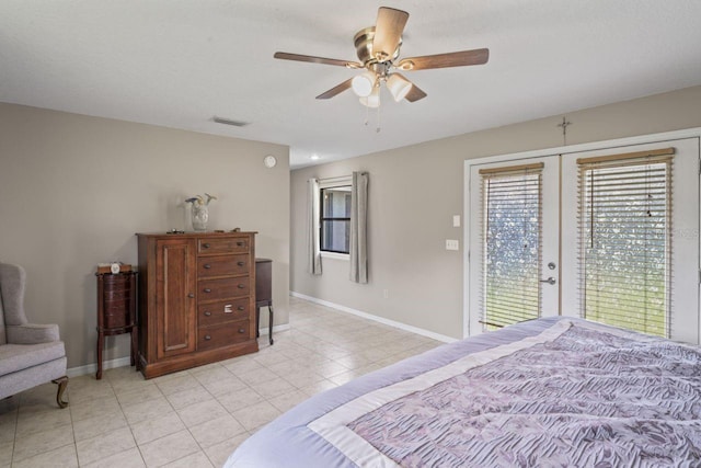 bedroom featuring access to exterior, ceiling fan, french doors, and light tile patterned floors