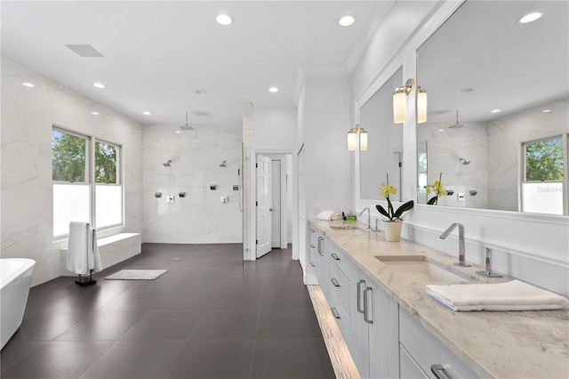 bathroom featuring dual bowl vanity, crown molding, tile flooring, and independent shower and bath