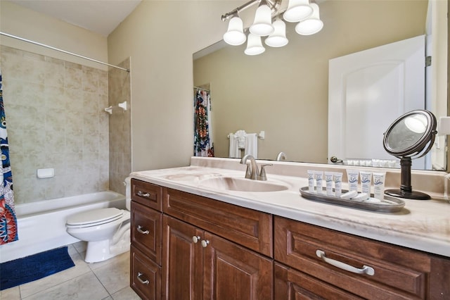 full bathroom featuring shower / bath combo, vanity, toilet, and tile floors