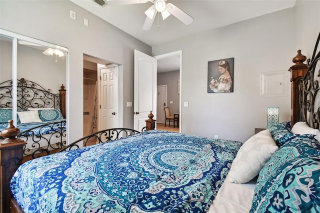 bedroom with ceiling fan and hardwood / wood-style floors